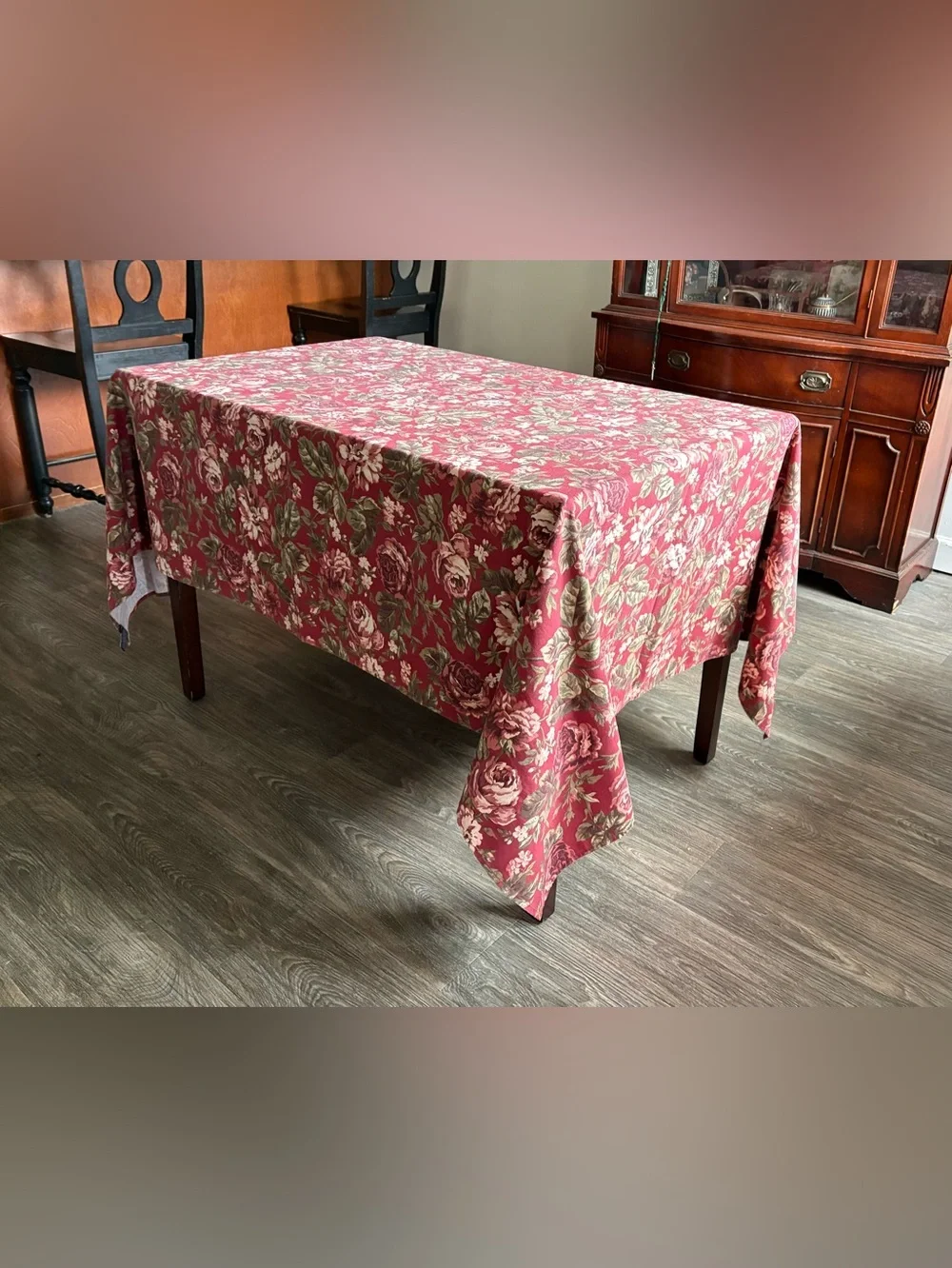 Vintage Tablecloth Chaps Home Pink Roses on Red French Country Cotton 60x82